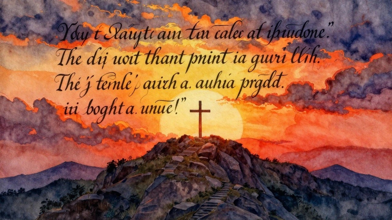 A watercolor painting of a large cross with text standing on a rocky mountain peak under a dramatic orange and blue sunset sky with clouds.