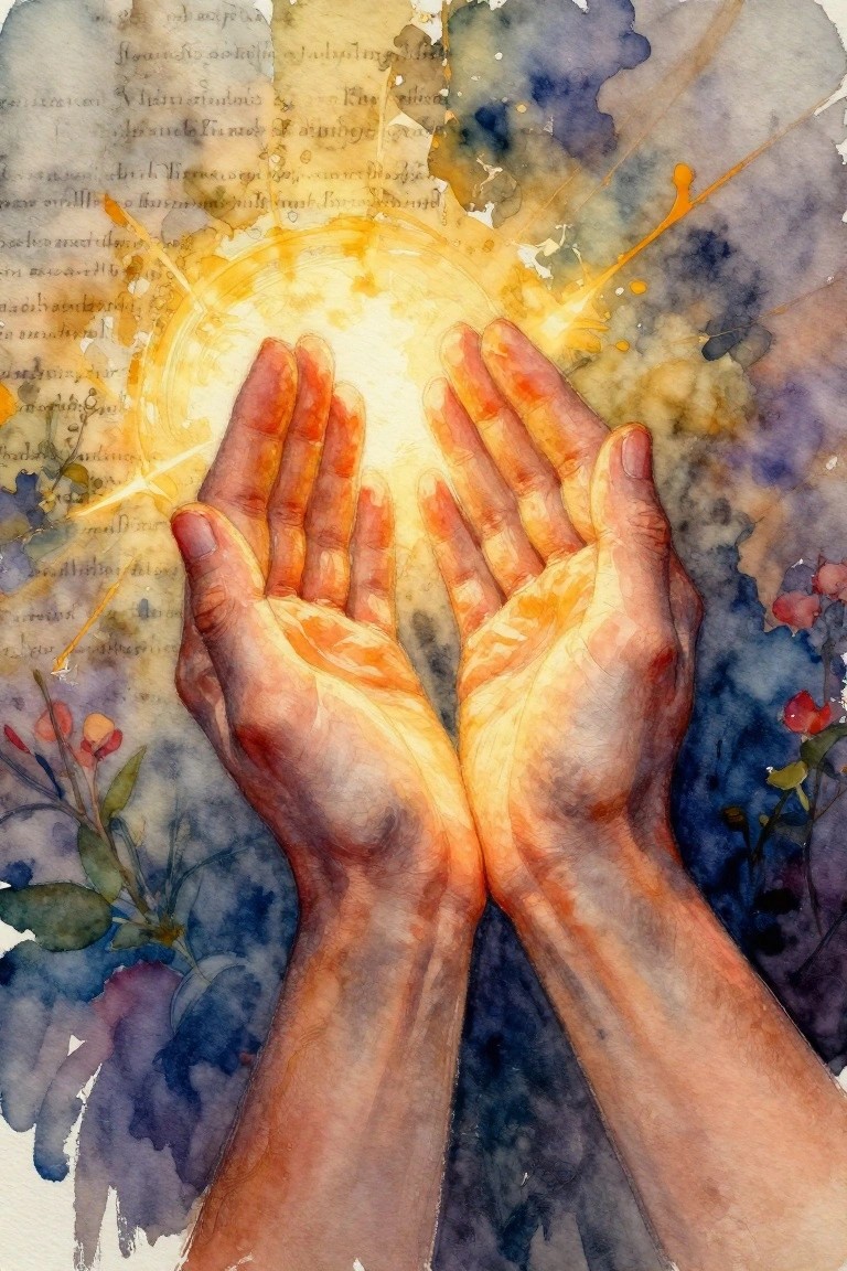 Cupped hands cradling a radiant glowing orb in a vibrant watercolor painting with script and florals