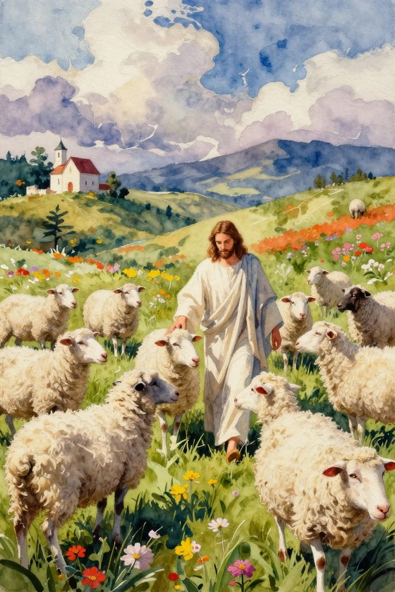 Bearded Jesus in white and blue robes walks among sheep in flower meadow with church behind