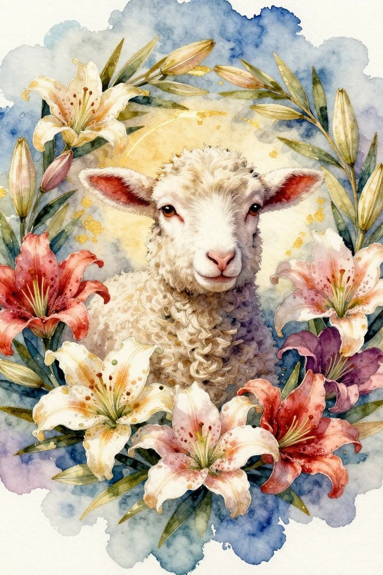 White lamb with pink ears amid colorful lilies in watercolor with gold accents