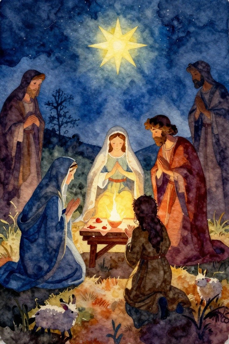A watercolor nativity scene at night showing figures gathered around a manger under a large star with two sheep nearby.