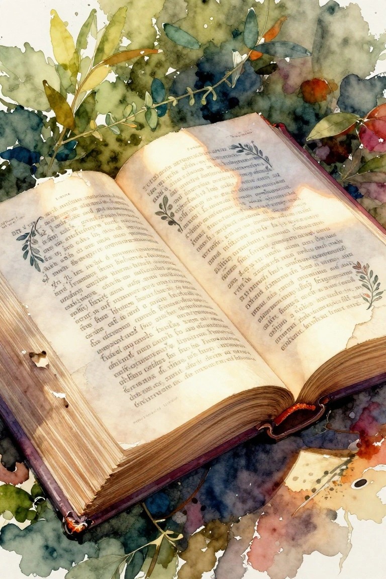 Open antique book with calligraphy on colorful watercolor foliage background