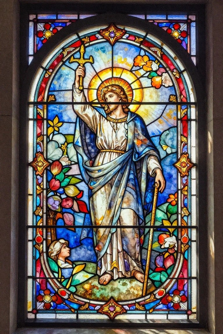 Stained glass Jesus raising sword and staff, halo glowing above kneeling figure amid vibrant floral designs.