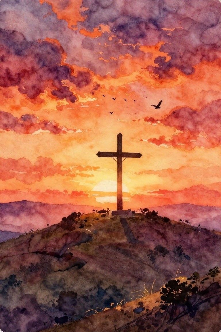 Watercolor of wooden cross on hill under vibrant orange-purple sunset clouds with birds.