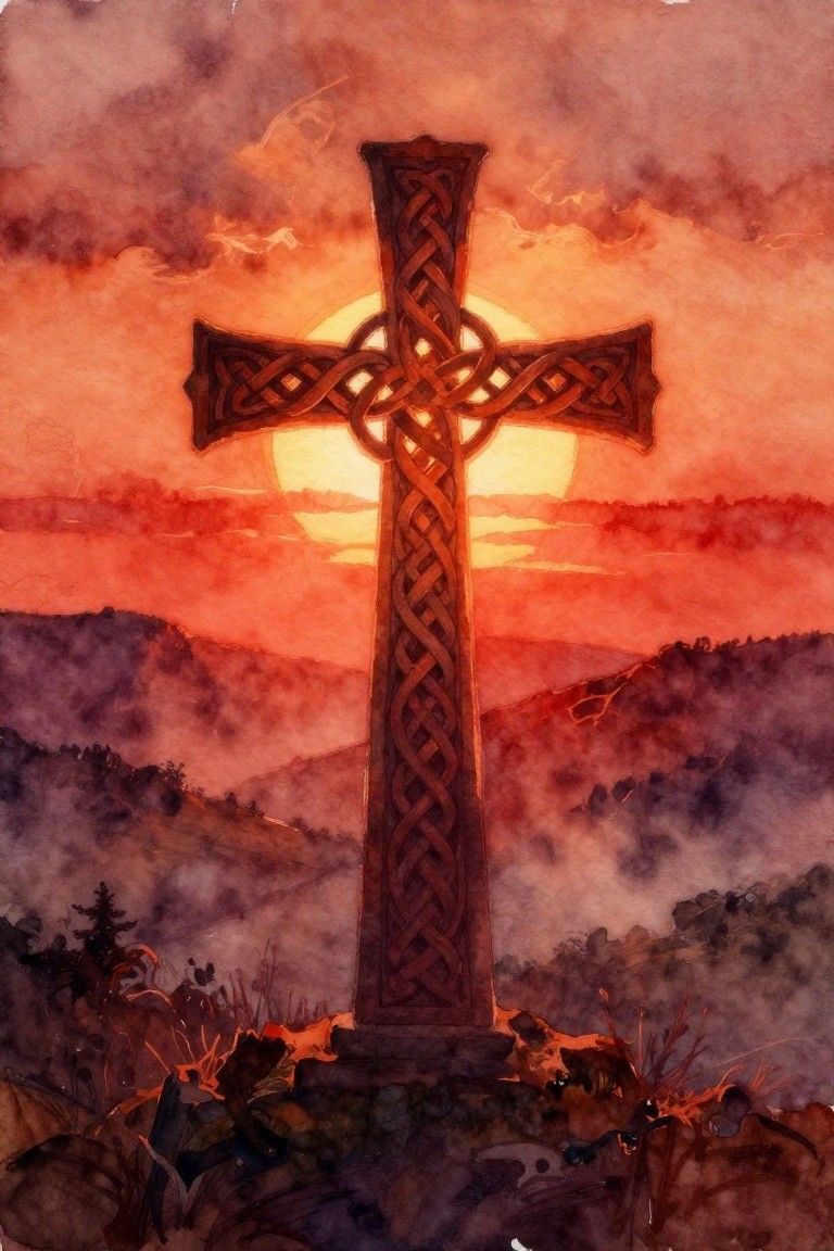 Ornate Celtic cross silhouetted against fiery orange sunset over misty mountains