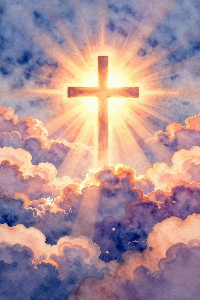 Glowing cross radiating golden rays above vibrant purple and orange clouds in watercolor style.
