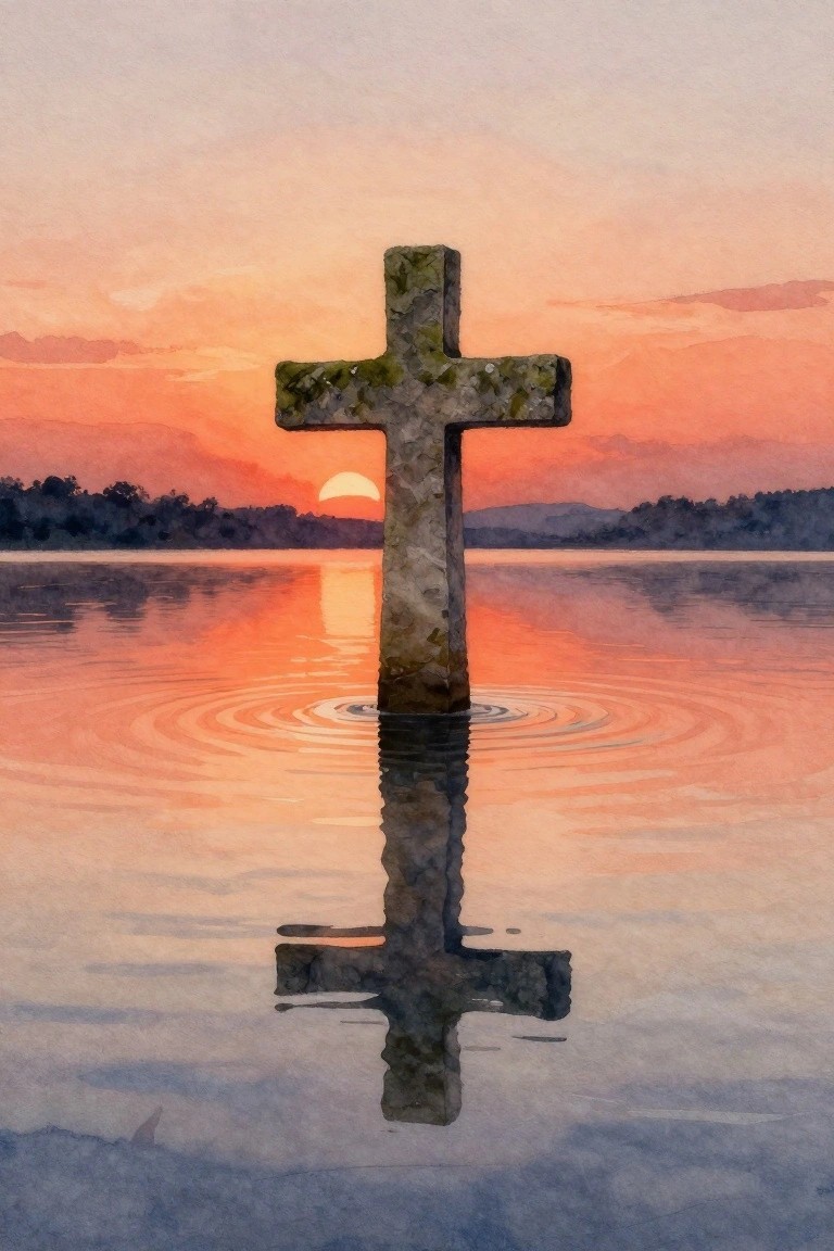 Stone cross standing in rippling water at sunset with orange sky and reflection.