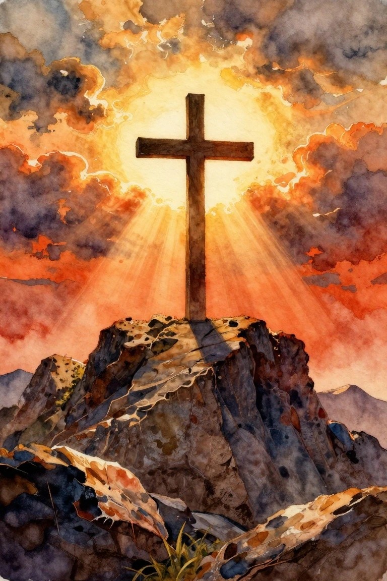 A watercolor painting of a wooden cross standing on a rocky hill with sunlight rays shining through orange and dark clouds at sunset.