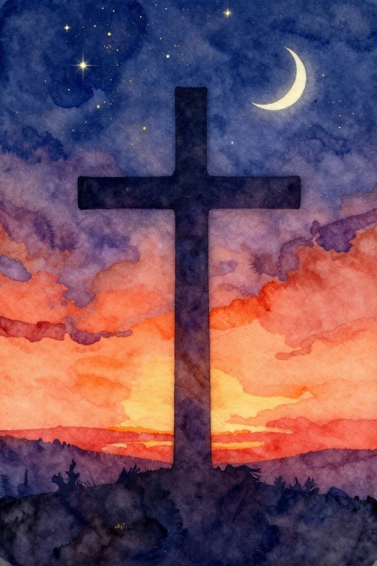 Watercolor cross silhouetted against vibrant orange sunset sky with crescent moon and stars