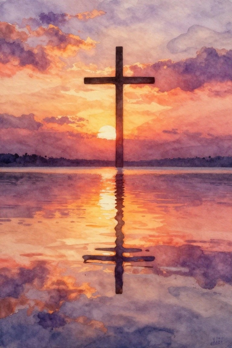 Tall cross reflected in water beneath vibrant orange purple sunset clouds