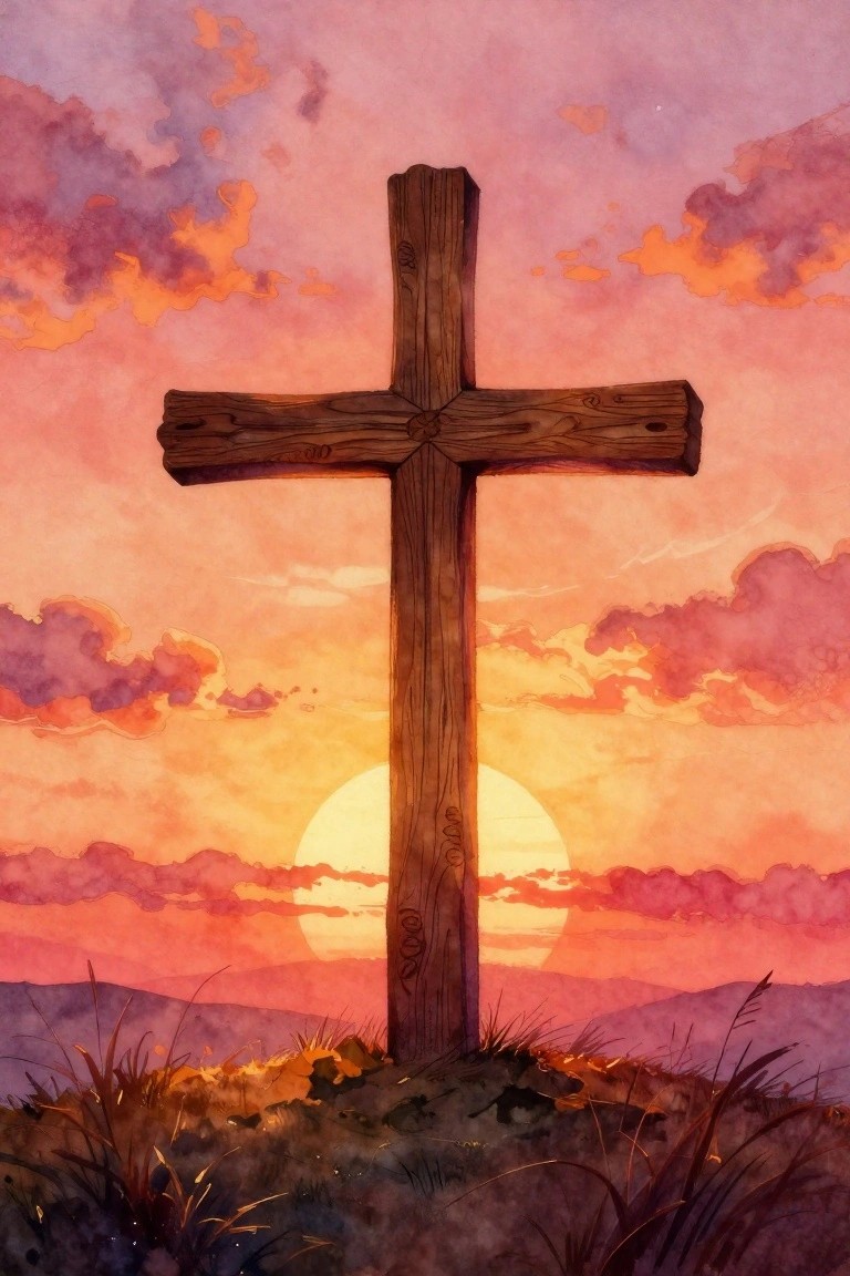 Wooden cross on a hill against a vibrant pink-orange watercolor sunset sky
