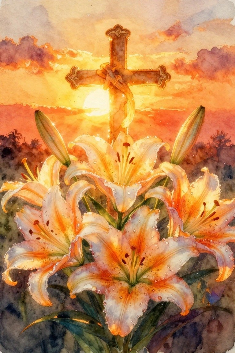 A watercolor painting of white and orange lilies in front of a wooden cross against a bright orange sunset sky.
