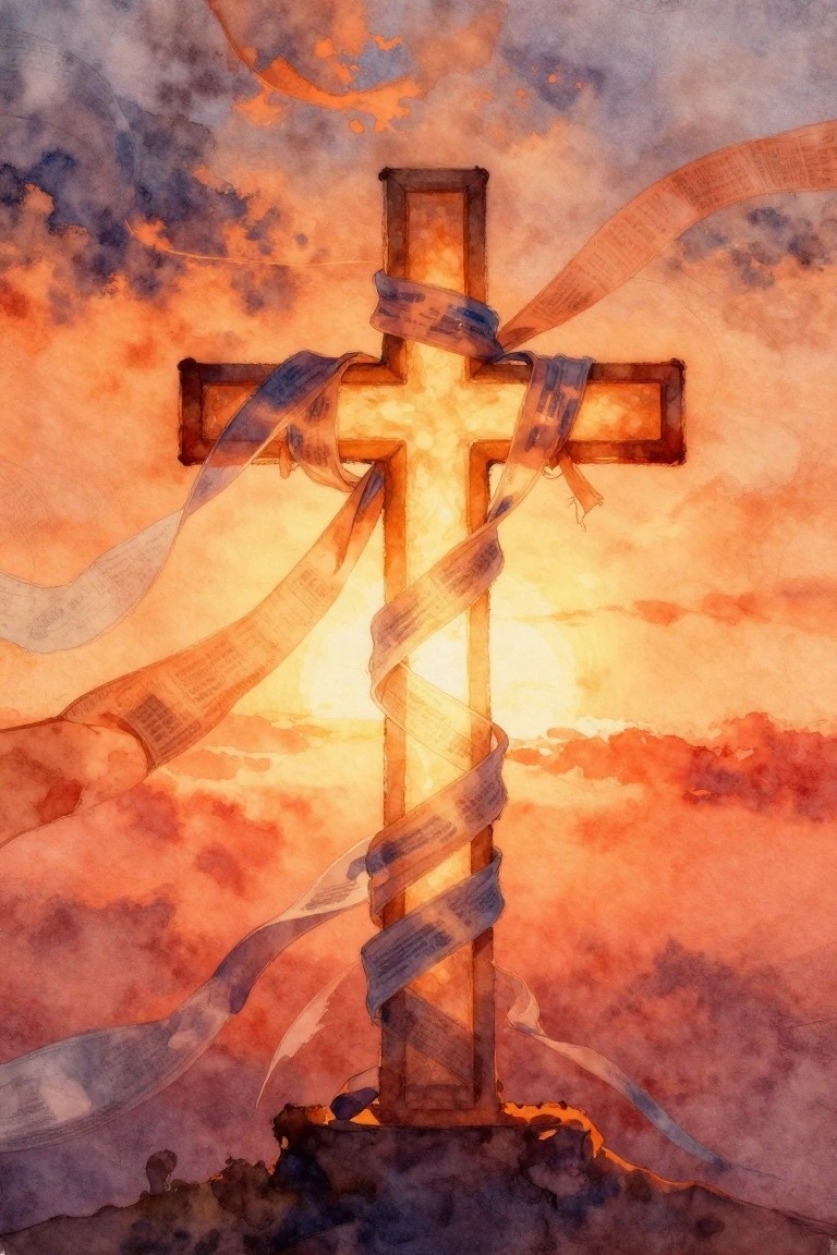 Wooden cross wrapped in flowing text ribbons against vibrant orange sunset sky