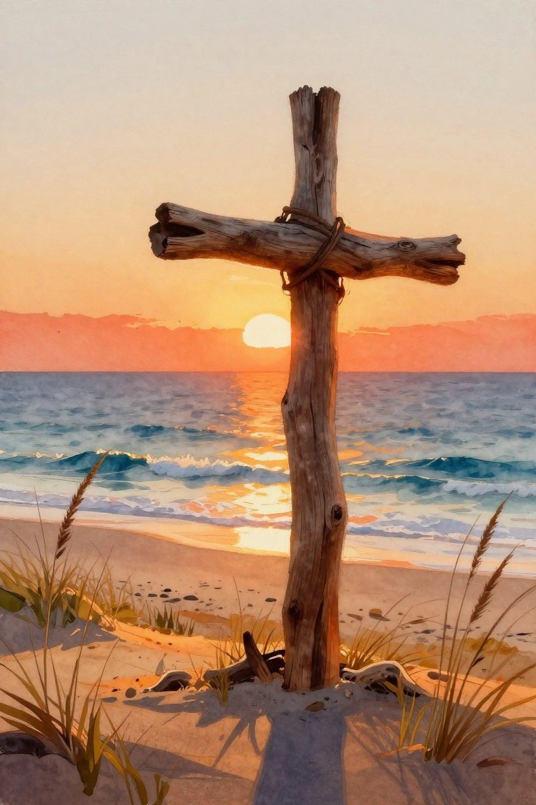 Wooden cross on sandy beach at sunset over ocean waves with grass