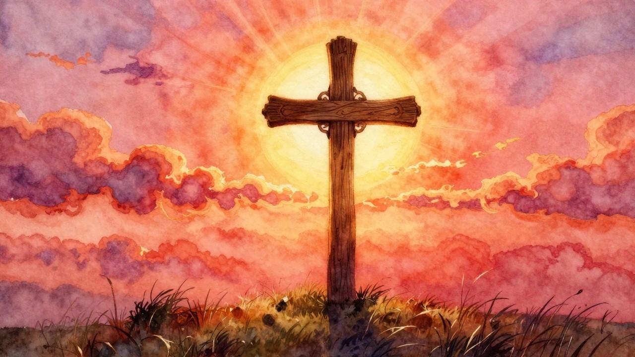 Wooden cross on a hill against a vibrant pink-orange watercolor sunset sky