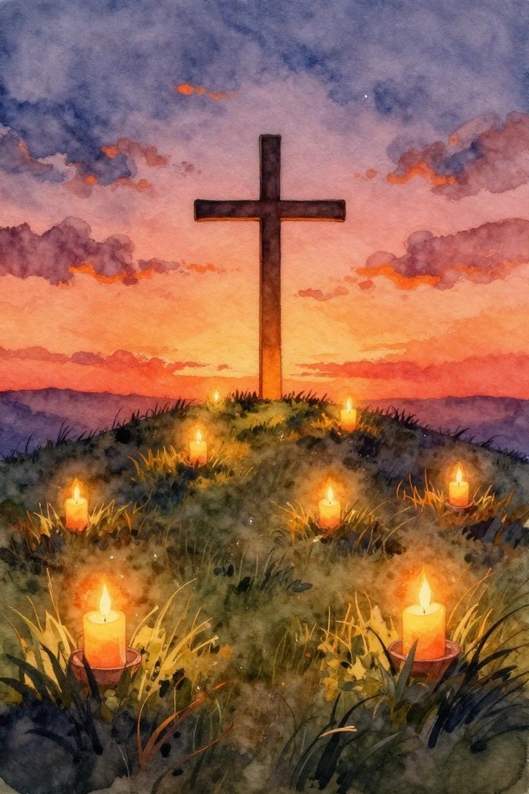 Wooden cross on grassy hill ringed by lit candles beneath vibrant sunset sky