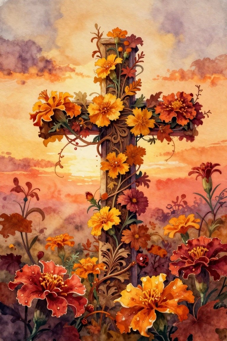 Wooden cross entwined with vibrant orange marigolds beneath a colorful sunset sky