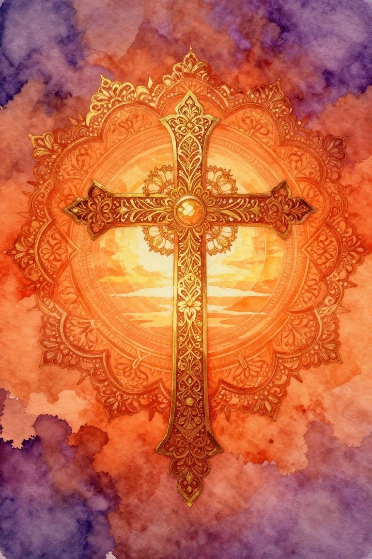 Ornate golden cross with intricate designs on vibrant orange-purple watercolor mandala.