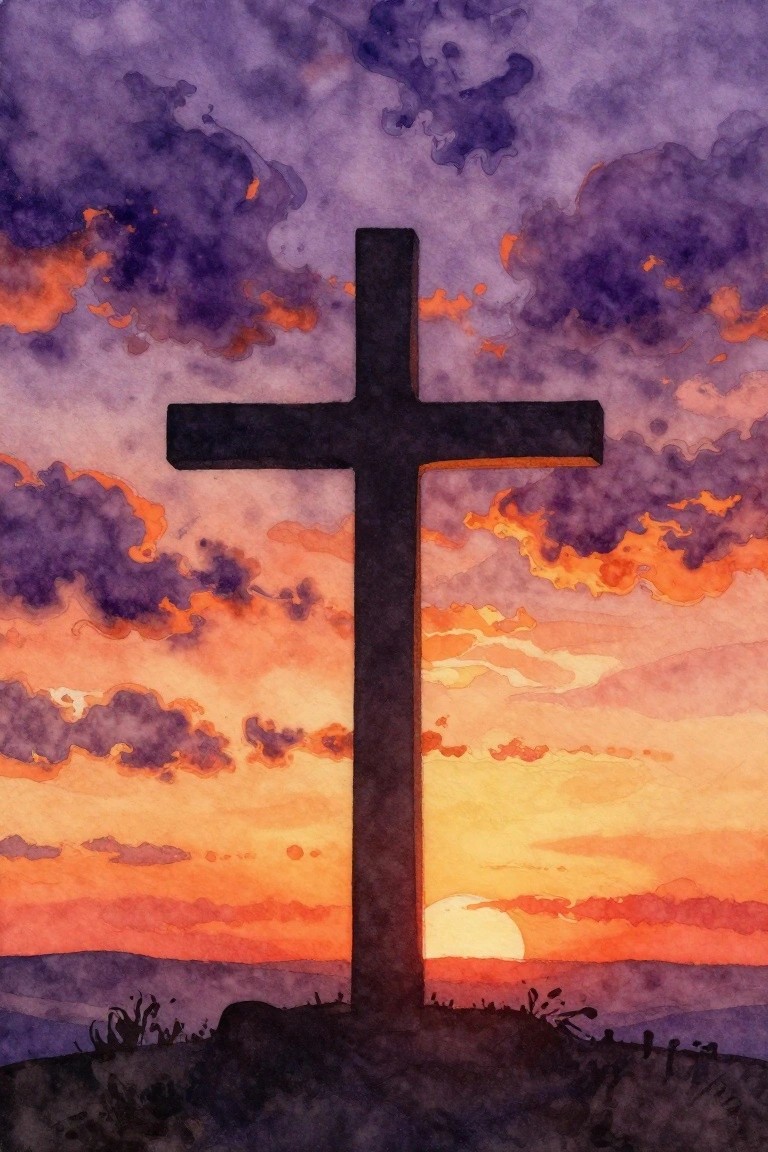Black cross silhouette against vibrant purple-orange watercolor sunset sky on a hill