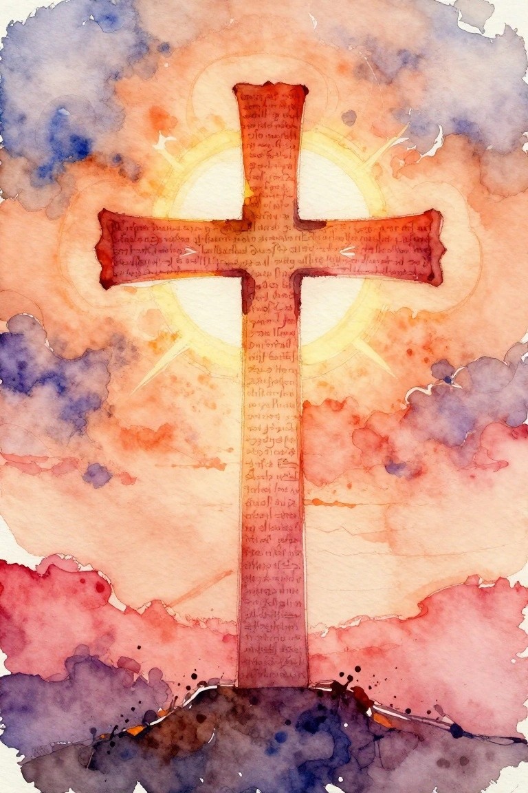 Watercolor cross with red text amid vibrant orange-blue clouds and glowing sun