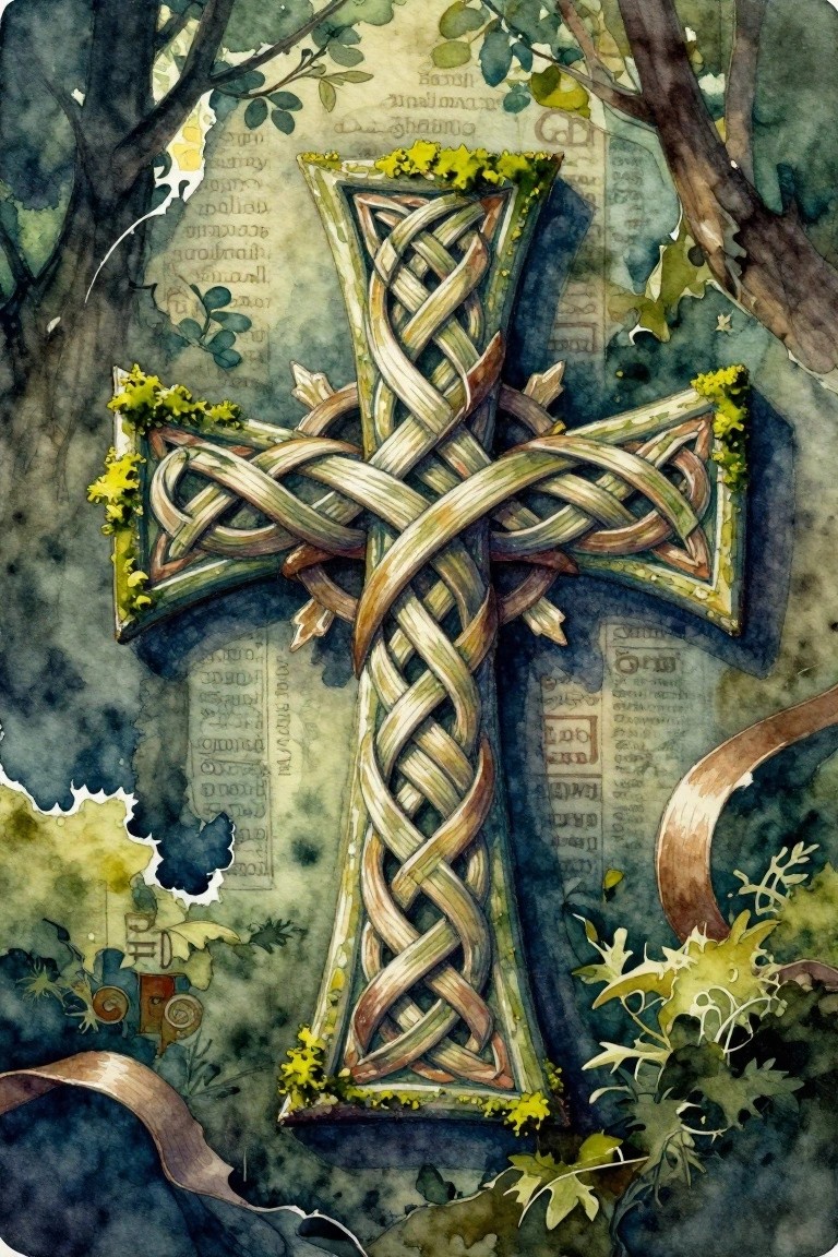 A watercolor painting of a large Celtic cross with braided knotwork, green moss accents, and faint script surrounded by trees and leaves.