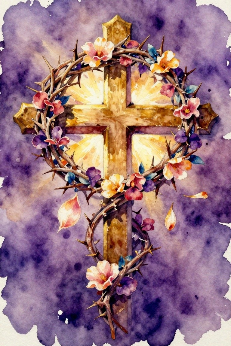 Golden cross wrapped in thorny vines with colorful flowers on purple watercolor background