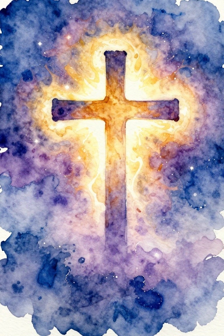 Watercolor cross with fiery yellow glow amid purple blue starry nebula clouds