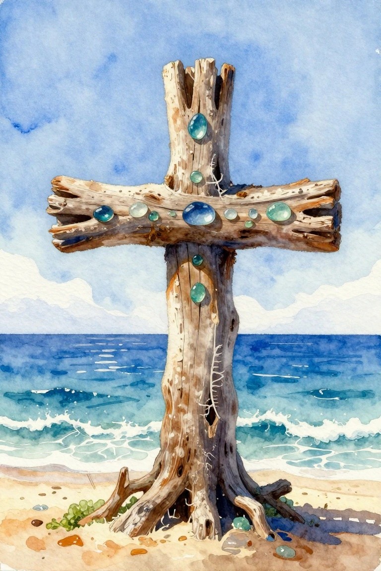 Driftwood cross with blue-green glass pebbles on sandy beach by ocean waves