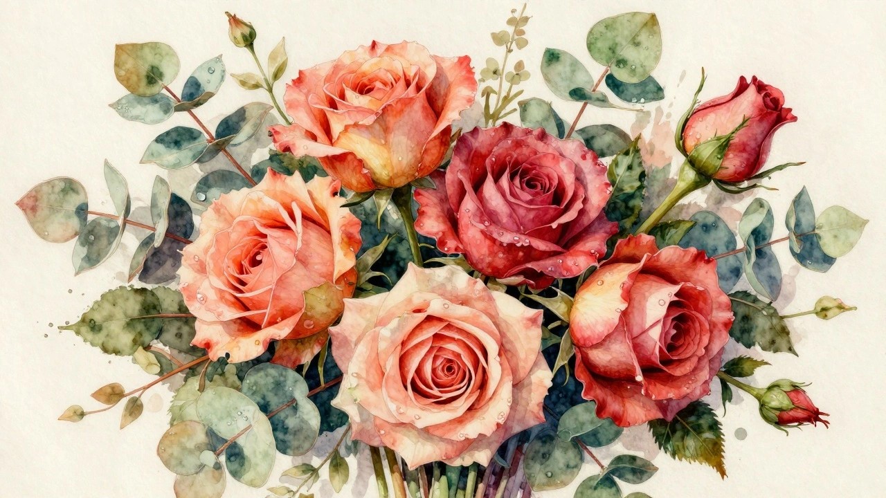 Ornate cross frame with blooming pink, red, and peach watercolor roses and leaves