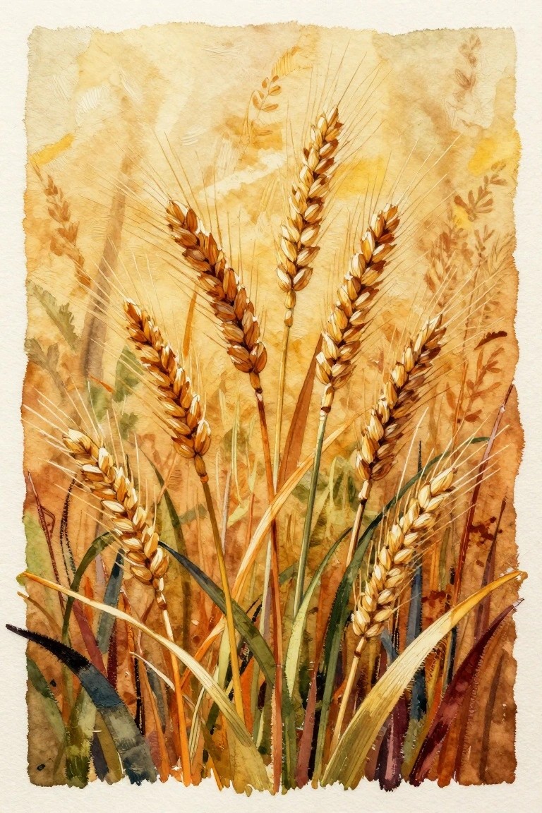Watercolor painting of golden wheat stalks with leaves in warm tones