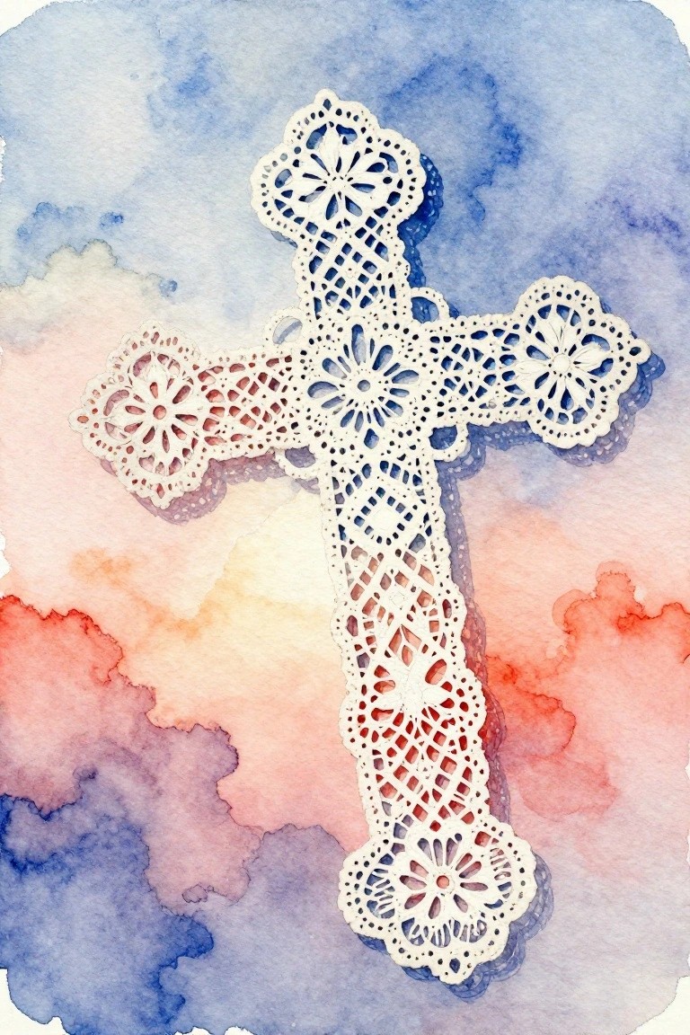 Delicate white lace cross on soft blue, pink, and red watercolor background