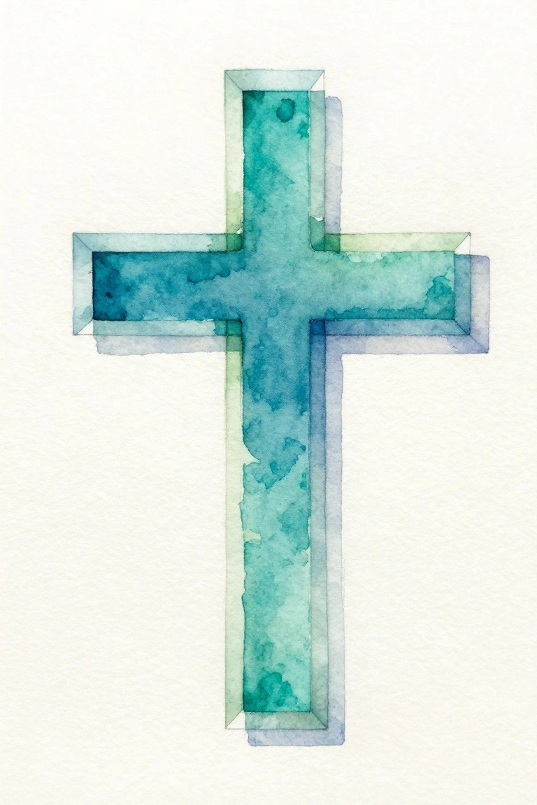 Watercolor cross in blended teal, blue, and green tones with soft edges.