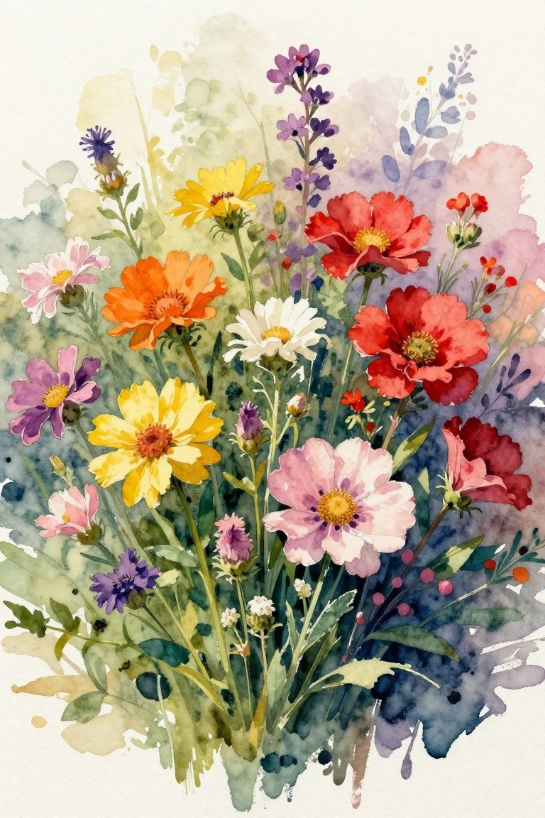Vibrant watercolor bouquet of wildflowers in red, yellow, pink, purple, and white hues
