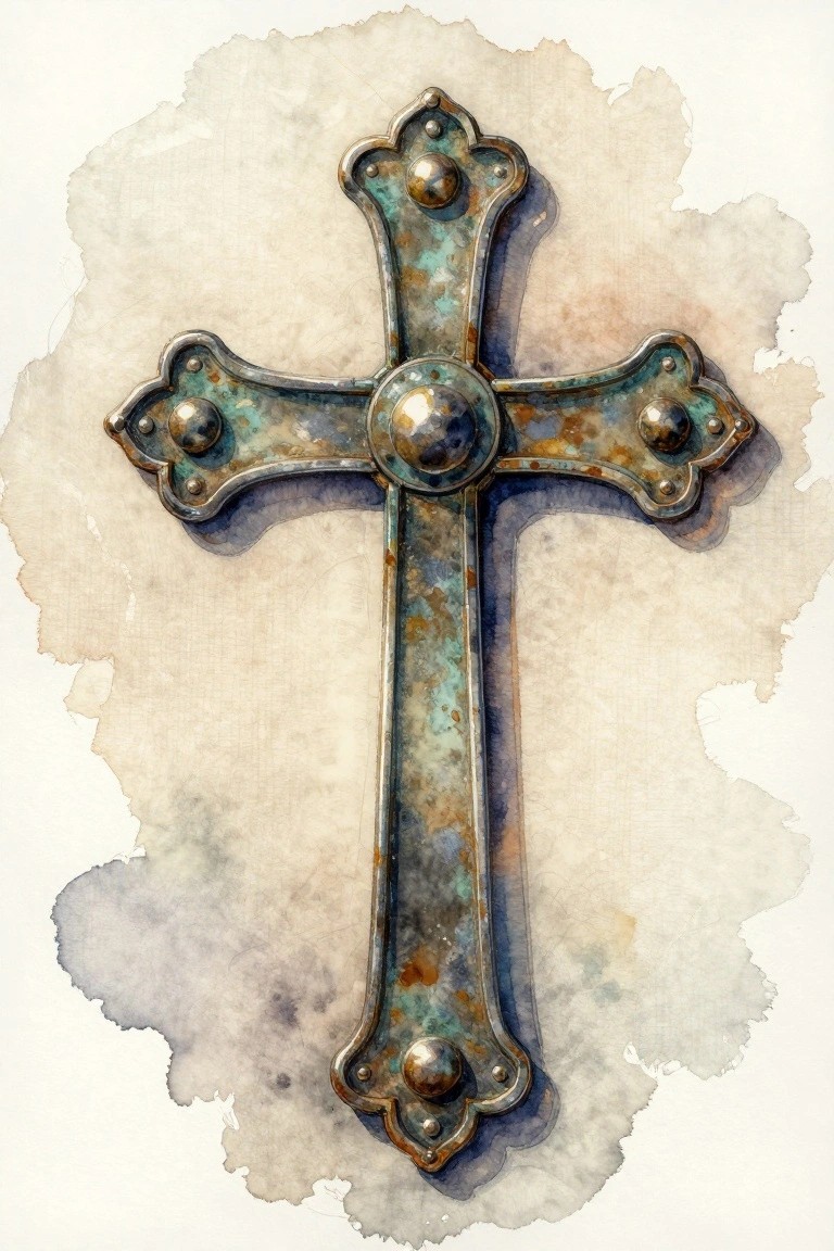 Ornate patinated cross with blue-green tones and rivets on watercolor paper.