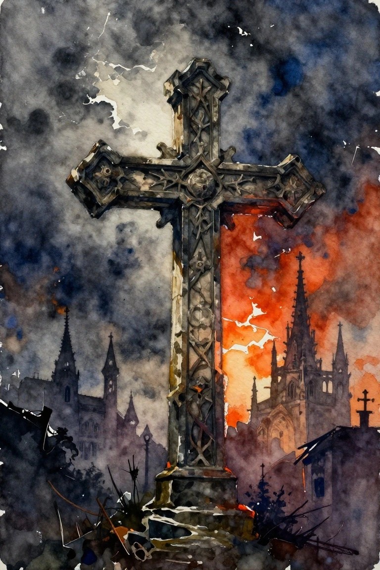 A watercolor painting of an ornate cross in front of gothic cathedrals under a red and dark cloudy sky.