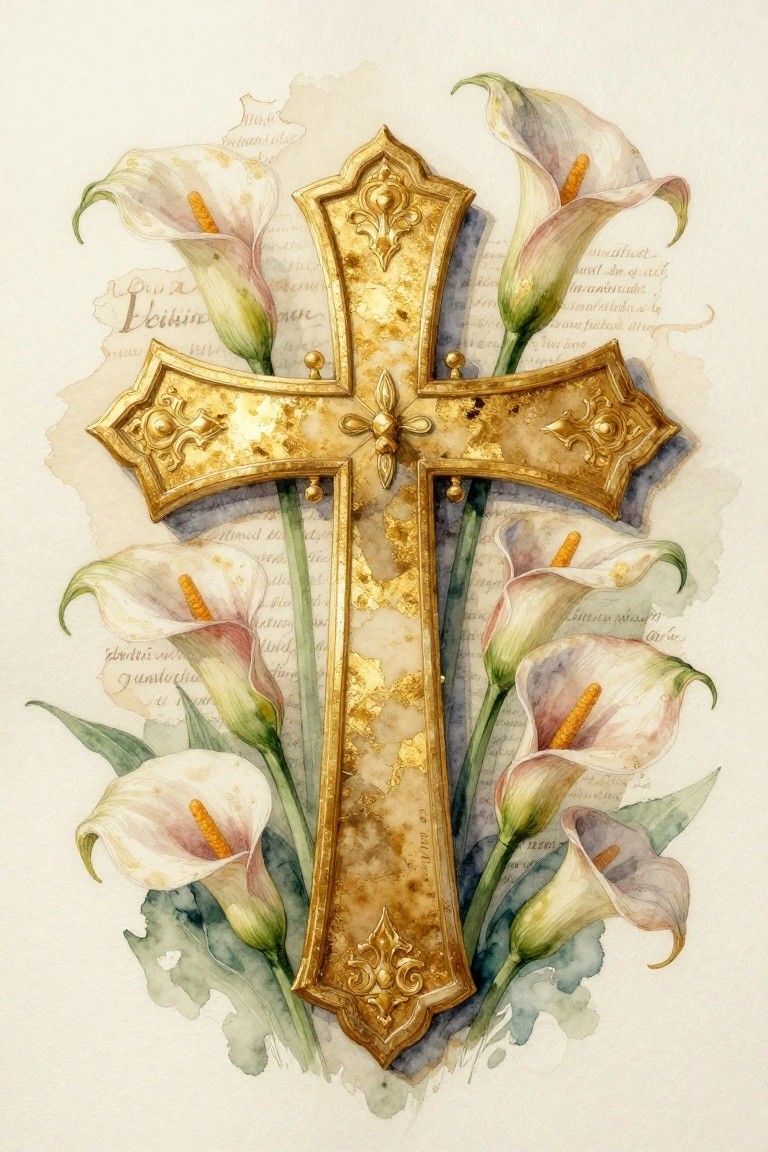 A watercolor painting of an ornate golden cross with white calla lilies arranged around it on a background with faint script text.