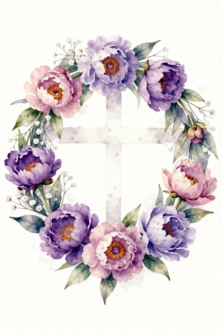 Watercolor wreath of purple pink peonies and leaves around a white cross.