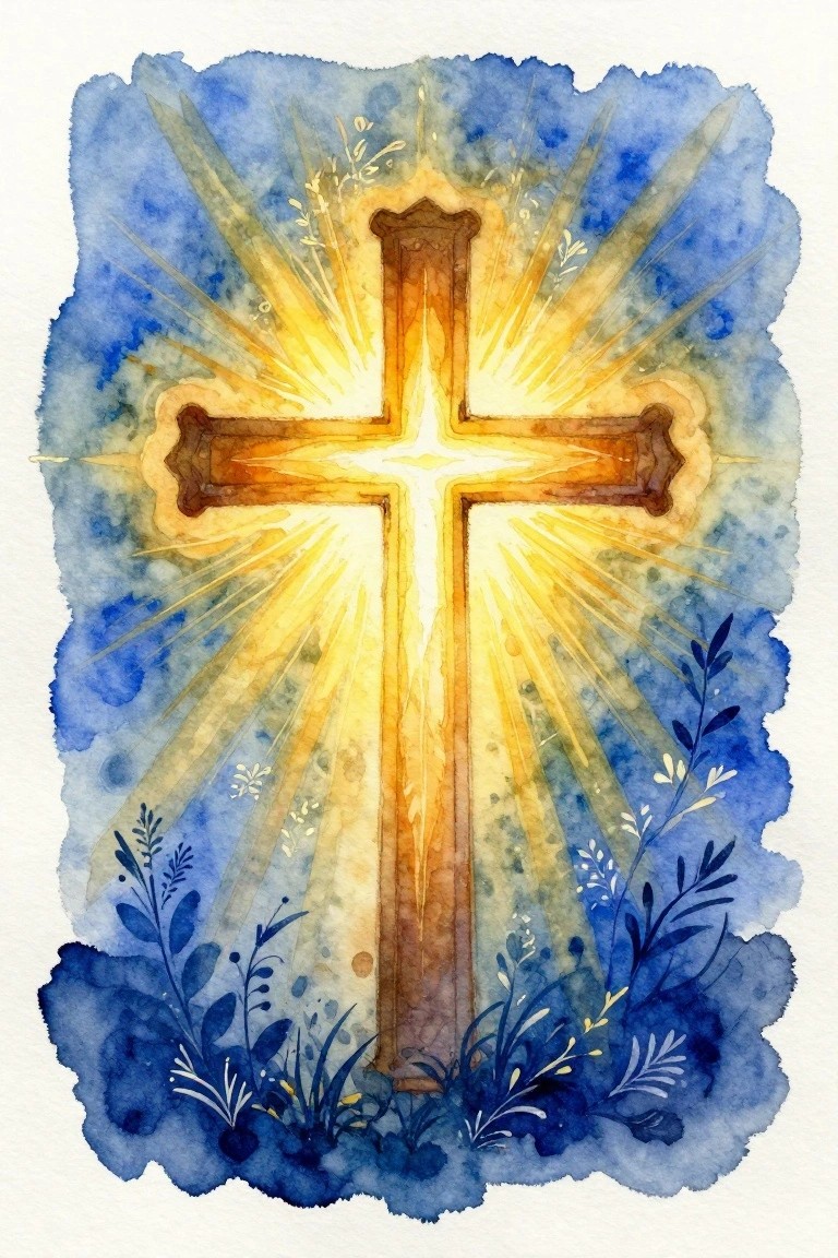 Glowing wooden cross with golden light rays on blue watercolor background with foliage
