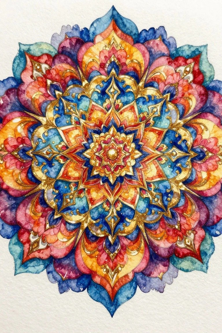 Vibrant watercolor mandala with intricate gold details in blues, reds, and oranges