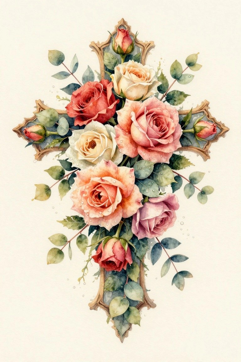 Ornate cross frame with blooming pink, red, and peach watercolor roses and leaves