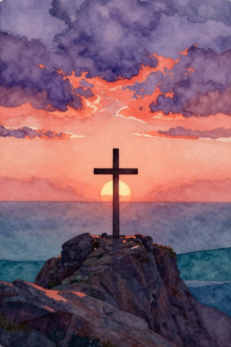 A watercolor painting of a dark cross standing on rocks above the ocean with a bright sun behind it and dramatic purple and orange clouds in the sky.