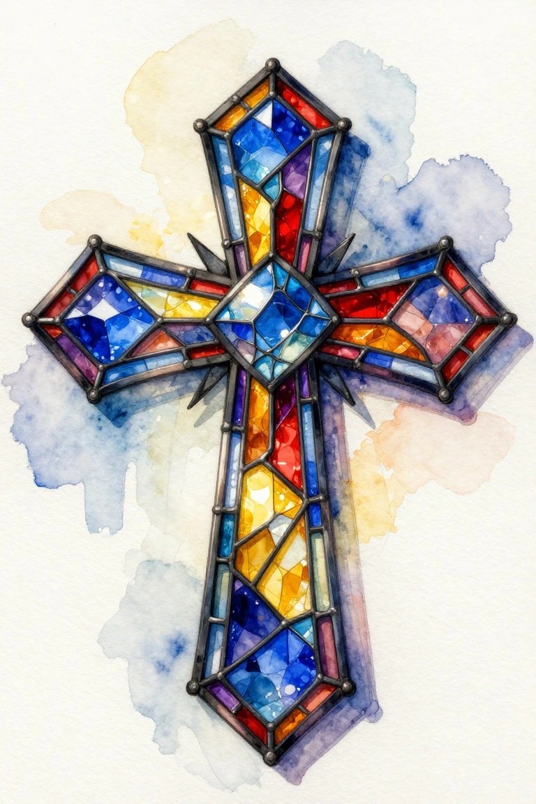 Vibrant stained glass cross in blues, reds, and yellows on watercolor background.