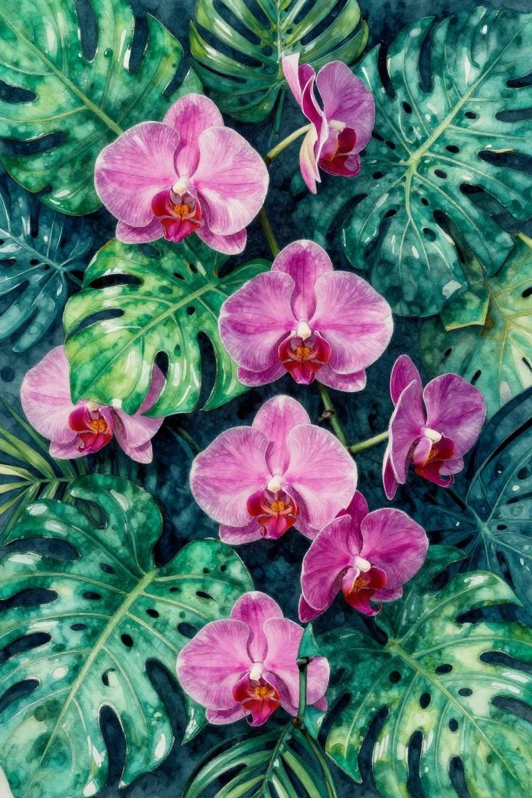 Lush pink orchids nestled among vibrant green monstera leaves in watercolor style