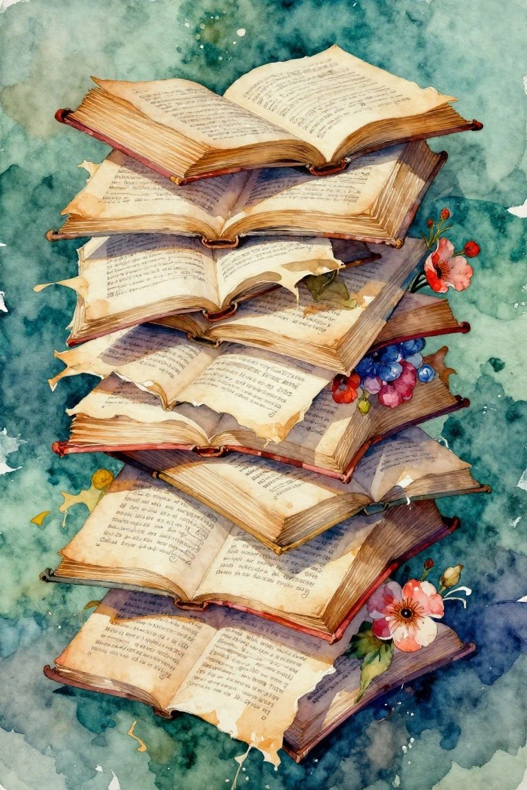 Watercolor stack of open antique books with flowers on teal background.