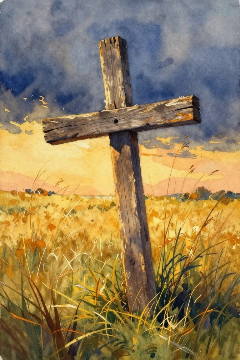 Weathered wooden cross in golden wildflower field beneath dramatic cloudy sunset sky