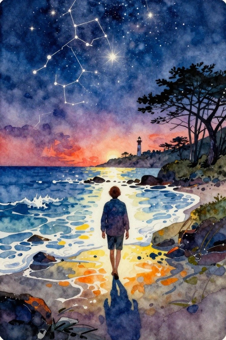 Person in blue shirt walks on beach under constellations toward lighthouse at sunset