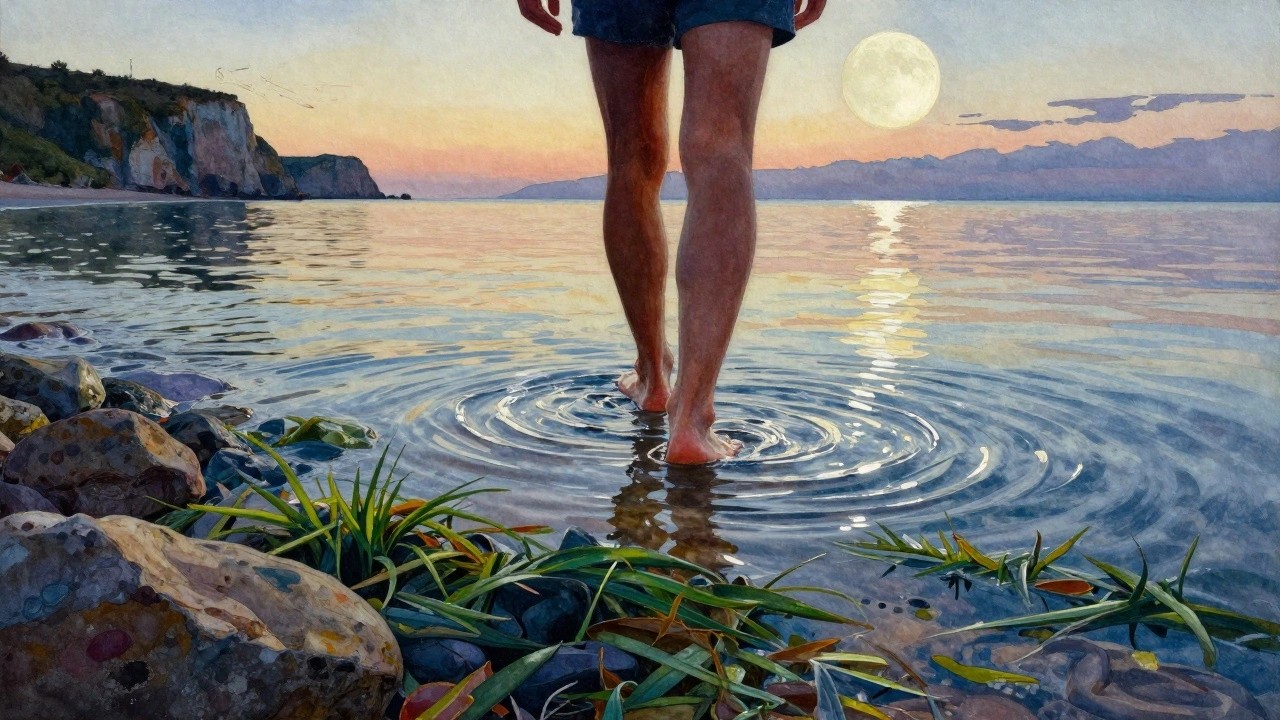 A person from behind walks on water leaving ripples, facing a large glowing orb over the sea at sunset with rocks along both shores.
