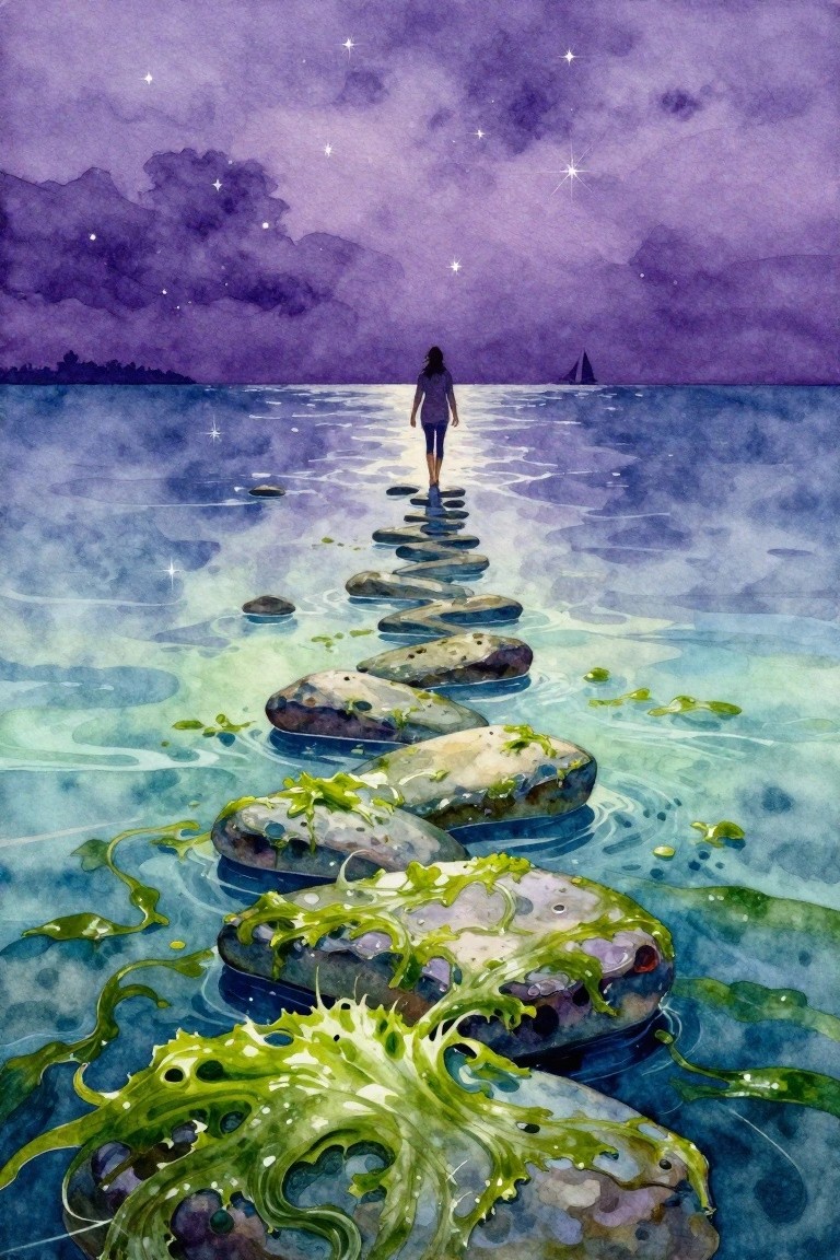 Watercolor of person walking on seaweed-covered stones across starry purple waters at dusk.