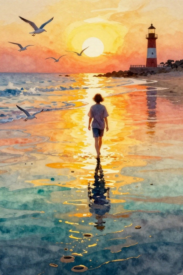 Person walking on wet sand at sunset near lighthouse with flying seagulls, watercolor style