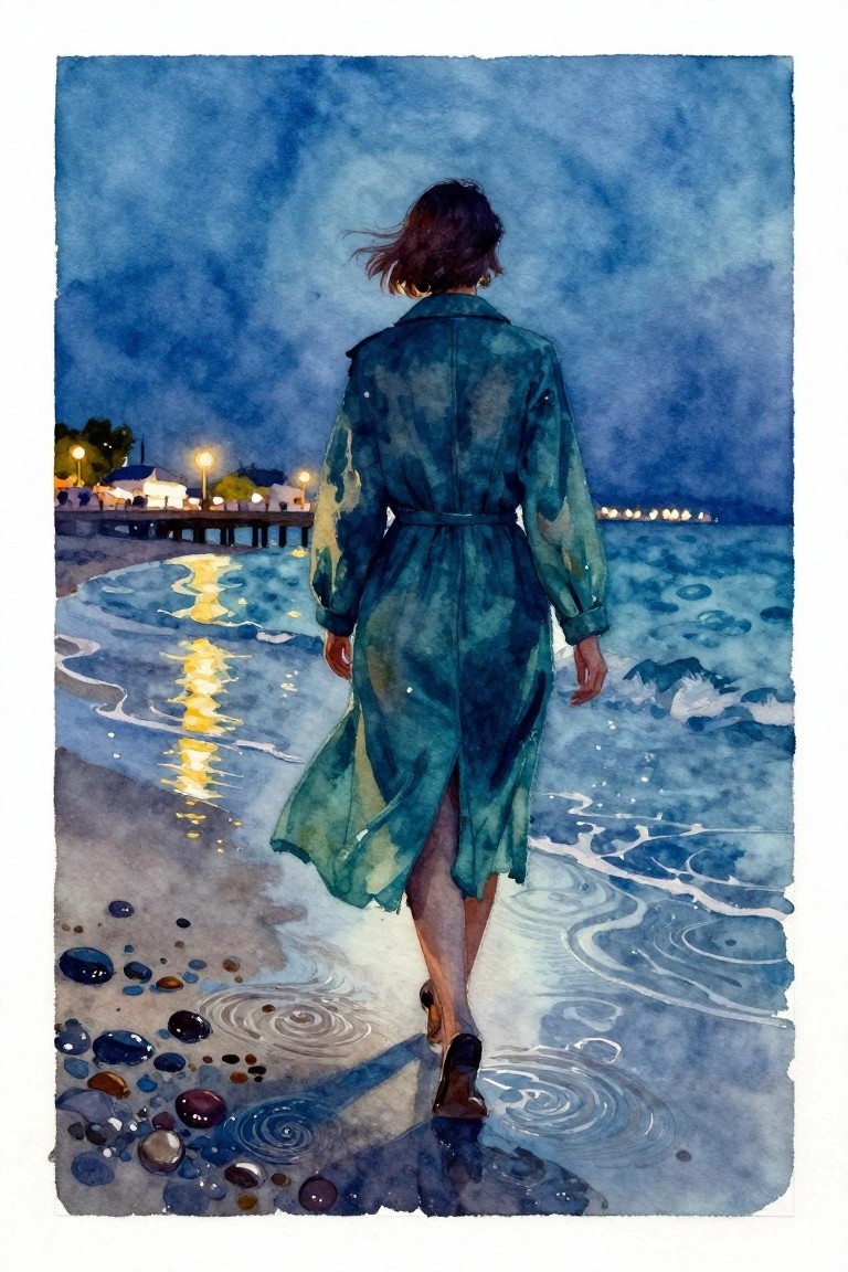 A person in a teal coat walks along a dark beach at night with glowing lights reflecting on the water and a distant pier visible.